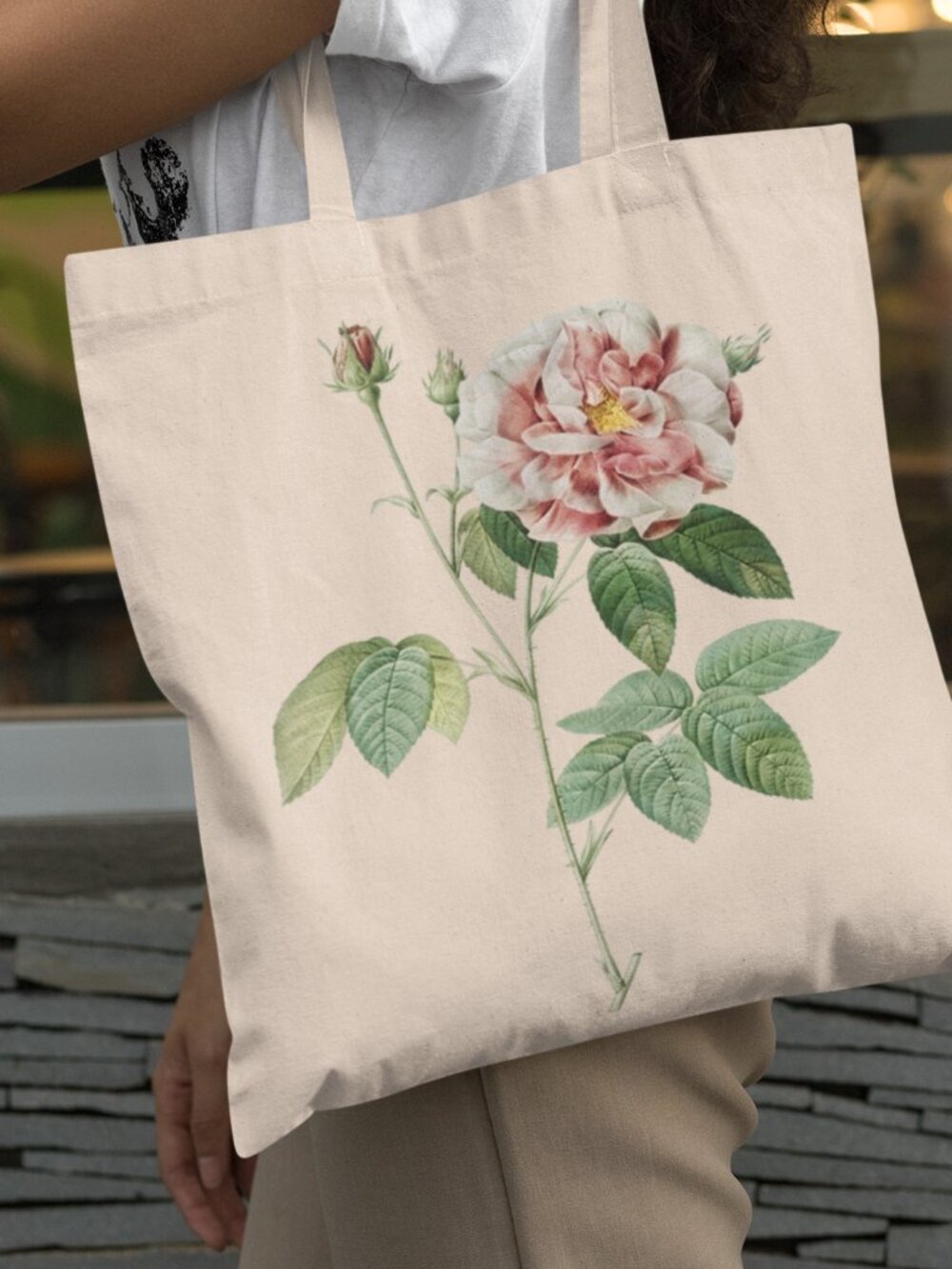 French Rose Vintage Floral Print Graphic Canvas Tote Bag